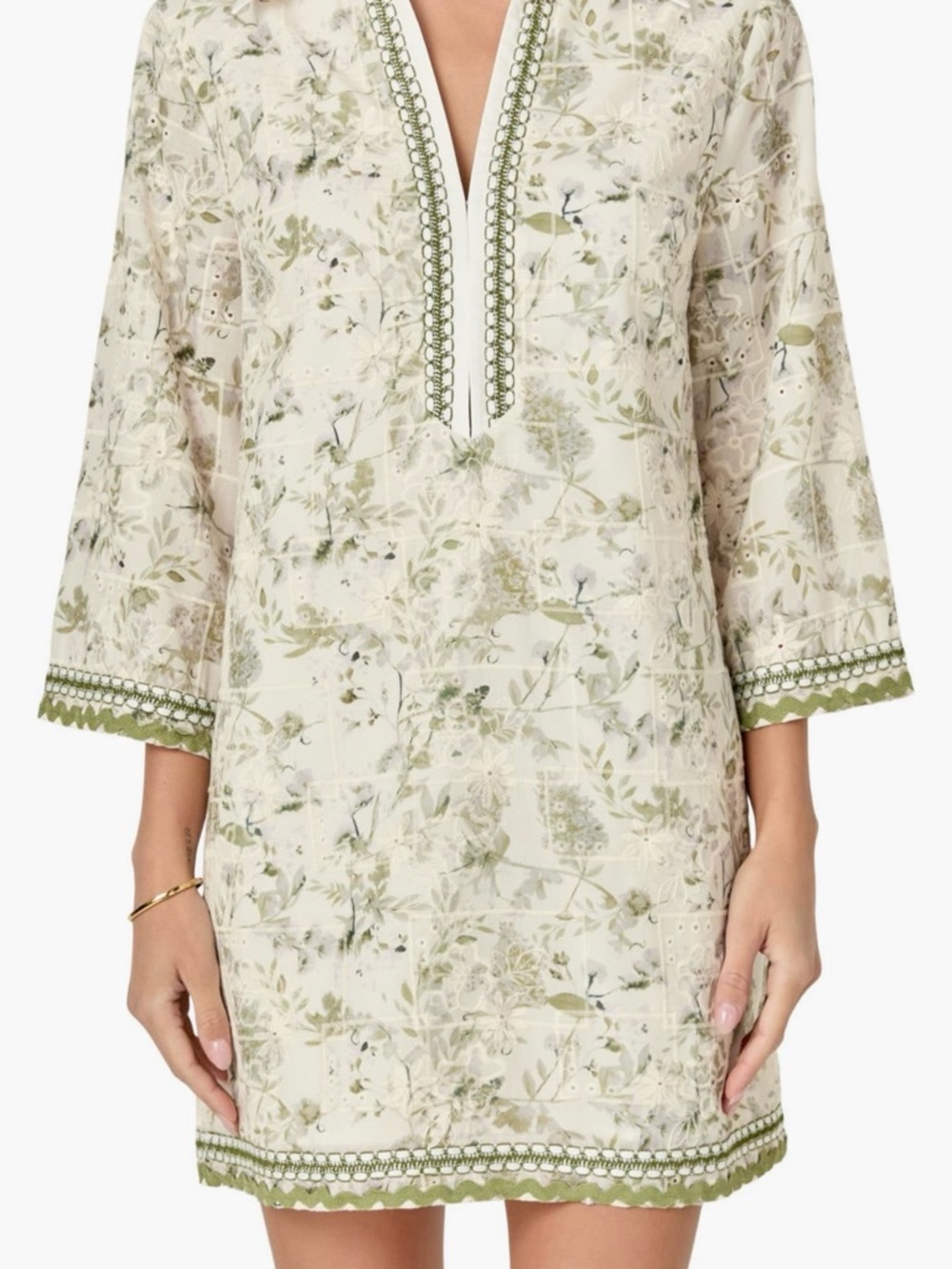 English Factory Cream and Olive Floral Embroidered Tunic Dress - Picture 3 of 7